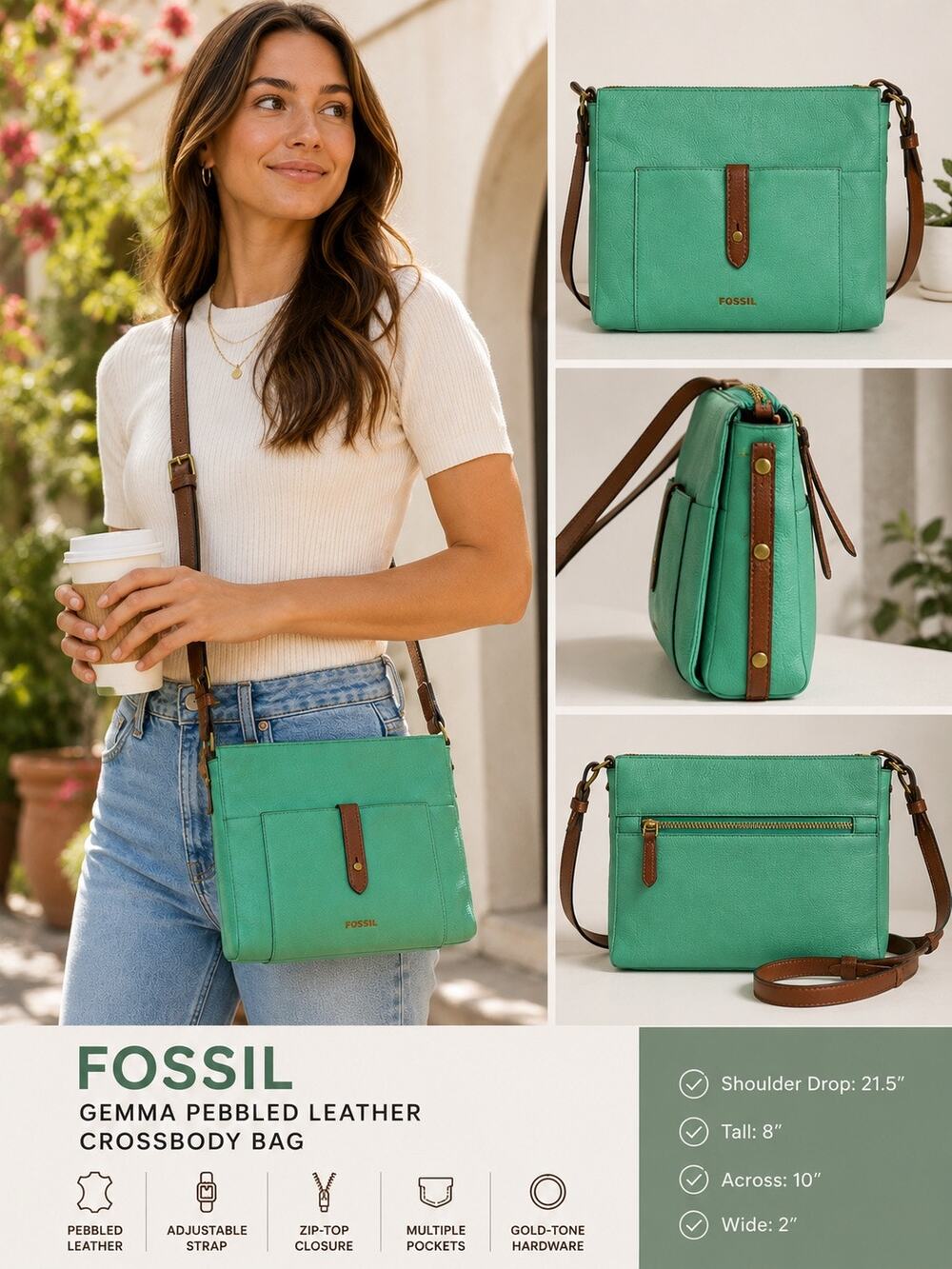 Fossil Gemma Pebbled Leather Crossbody Spring Green Bag Gold Hardware